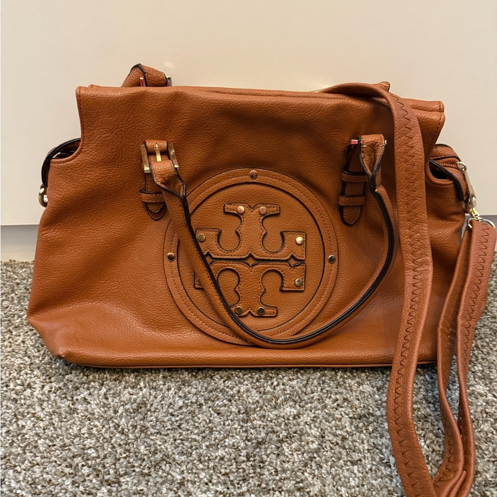 Large Tory Burch Style Brown Leather Shoulder Bag